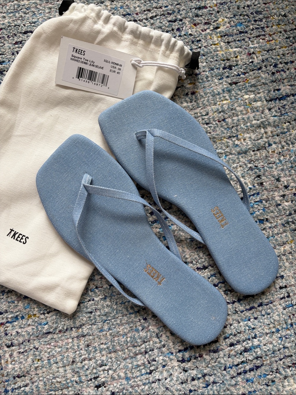 TKEES Square Toe Lily Flip Flop Sandals in Washed Denim 9
